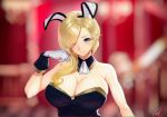  animal_ears azur_lane black_leotard blonde_hair blue_eyes blurry blurry_background breasts bunny_ears bunny_girl bunnysuit cleavage detached_collar earrings fake_animal_ears gloves hair_over_one_eye hair_over_shoulder hayabusa highres hood_(azur_lane) jewelry large_breasts leotard long_hair looking_at_viewer one_eye_closed parted_lips smile solo strapless strapless_leotard upper_body white_gloves wrist_cuffs 