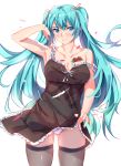 alternate_costume aqua_hair arm_up armpits ass_visible_through_thighs bangs bare_arms bare_shoulders black_dress black_legwear blue_eyes blush breast_tattoo breasts cleavage collarbone dress dress_lift eyebrows_visible_through_hair feathers frilled_dress frills hair_ribbon hand_in_hair hatsune_miku lifted_by_self long_hair looking_at_viewer medium_breasts muko_(kokia38) own_hands_together panties parted_lips red_ribbon ribbon simple_background sleeveless sleeveless_dress smile solo standing strap_slip tattoo thighhighs twintails underwear upskirt very_long_hair vocaloid white_background white_panties 
