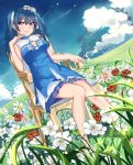  bangs bare_legs barefoot blue_dress blue_eyes blue_hair blue_sky breasts chair cleavage cleavage_cutout closed_mouth cloud day dress dutch_angle eyebrows_visible_through_hair field flower flower_field frilled_dress frills grass hair_flower hair_ornament hand_up hatsune_miku head_tilt knees_together_feet_apart lips long_hair looking_at_viewer medium_breasts muko_(kokia38) on_chair outdoors pink_flower red_flower red_rose rose shiny shiny_hair sky sleeveless sleeveless_dress smile solo twintails vocaloid white_flower white_rose 