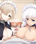  1girl apron azur_lane bar_censor belfast_(azur_lane) blonde_hair blue_eyes braid breasts brown_eyes censored chain collar eyebrows_visible_through_hair french_braid frilled_apron frills gloves hair_over_one_eye hetero highres huge_breasts large_breasts lying maid_apron maid_headdress mizuyan multiple_handjob nipple_tweak on_back orange_eyes penis pov precum sheffield_(azur_lane) white_apron white_gloves white_hair 