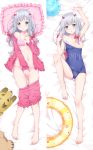  1girl bare_legs blush bow bra breasts closed_mouth collarbone dakimakura eromanga_sensei eyebrows_visible_through_hair female frilled_pillow frills hair_bow innertube izumi_sagiri long_hair looking_at_viewer low-tied_long_hair lying navel nipples on_back one-piece_swimsuit open_clothes open_pajamas pajamas pajamas_down parted_lips pillow pink_bra pink_hair pink_panties pink_pillow red_bow side-tie_panties small_breasts solo swimsuit underwear yan_(nicknikg) 