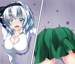  aqua_eyes ass black_ribbon blush breasts cleavage collared_shirt commentary_request crack green_skirt hair_ribbon highres konpaku_youmu large_breasts medium_hair no_vest open_mouth pleated_skirt ribbon shirt silver_hair skirt solo split_screen stuck through_wall tongue toraoto touhou white_shirt 