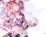  :d ^_^ arm_up astolfo_(fate) black_ribbon braid cherry_blossoms closed_eyes fang fate/apocrypha fate_(series) hair_ribbon highres hiyunagi jewelry long_hair male_focus midriff navel open_mouth otoko_no_ko pendant petals pink_hair ribbon single_braid smile solo 