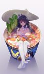  absurdres ahoge arms_at_sides bangs bare_shoulders benghuai_xueyuan black_hair bow braid breasts cleavage collarbone crossed_ankles cup cup_ramen egg feet flower food full_body grey_background hair_flower hair_ornament hair_over_shoulder highres honkai_impact in_container in_cup in_food legs_together light_smile long_hair looking_at_viewer medium_breasts minigirl no_shoes noodles pantyhose partially_submerged purple_eyes qian_yi raiden_mei ramen shrimp single_braid soles solo steam strapless toes white_legwear 