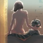  1girl arm_support ass back bathroom bathtub black_hair commentary_request facing_away fins from_behind hand_on_another's_face highres misounkocurry monster_boy nude shower_curtain sitting sunlight the_shape_of_water wall 