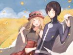  1boy 1girl bare_shoulders black_hair black_shirt blonde_hair blue_jacket blue_sky blush breasts calme_(pokemon) cloud collarbone day eyebrows_visible_through_hair eyes_closed flower hand_holding hand_up happy hat holding jacket jpeg_artifacts long_hair long_sleeves medium_breasts open_mouth outdoors pleated_skirt pokemon pokemon_(game) pokemon_xy red_hat red_skirt ririse serena_(pokemon) shirt short_hair skirt sky sleeveless sleeveless_shirt smile standing sunglasses turtleneck white-framed_eyewear yellow_flower 