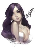  1girl bare_shoulders breasts cleavage corrico earrings jewelry lips long_hair looking_at_viewer medium_breasts my_little_pony my_little_pony_friendship_is_magic parted_lips personification purple_eyes purple_hair rarity smile solo upper_body 
