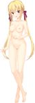  absurdres arihara_nanami ass_visible_through_thighs barefoot blonde_hair blush breasts collarbone crossed_legs eyebrows_visible_through_hair full_body hair_ribbon highres kobuichi long_hair medium_breasts navel nipples no_pussy non-web_source nude official_art open_mouth red_eyes ribbon riddle_joker solo surprised transparent_background twintails 