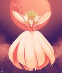 closed_eyes commentary dark dated floating full_body full_moon gardevoir gen_3_pokemon mega_gardevoir moon night night_sky no_humans open_mouth outdoors outstretched_arms pokemon pokemon_(creature) rock-bomber signature sky solo star_(sky) starry_sky 