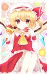  ascot blonde_hair bow buttons candy chocolate collar collared_shirt commentary_request cream crepe english eyebrows_visible_through_hair eyelashes eyes_visible_through_hair feet_out_of_frame flandre_scarlet food frilled_collar frilled_skirt frills gem hair_between_eyes hat hat_bow heart highres holding holding_food looking_at_viewer mob_cap multicolored multicolored_eyes nagisa_shizuku pale_skin polka_dot red_bow red_skirt red_vest sash shirt side_ponytail sitting skirt smile solo sweets touhou vest white_sash white_shirt wings wrist_cuffs yellow_neckwear 