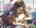  arm_wrap armlet bangs black_hair blue_armor blush bracelet breastplate breasts bridal_gauntlets chain circlet commentary_request dark_skin fate/grand_order fate_(series) feathers food forehead_jewel fruit grapes green_eyes hat jewelry large_breasts long_hair looking_at_viewer lying mosta_(lo1777789) on_stomach parted_bangs pauldrons pear ring scheherazade_(fate/grand_order) scroll solo tray very_long_hair 