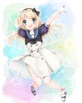  blonde_hair blue_background blue_eyes blue_sailor_collar dress full_body gloves hat highres jervis_(kantai_collection) jumping kantai_collection long_hair open_mouth sailor_collar sailor_dress short_sleeves simple_background solo star starry_background white_dress white_gloves white_hat yuuki_susumu 