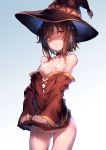  10s 1girl black_hair blush bottomless breasts clenched_teeth collar collarbone cowboy_shot dress dress_lift dress_pull hat kono_subarashii_sekai_ni_shukufuku_wo! looking_at_viewer looking_to_the_side megumin nipples no_panties patreon_reward pussy red_eyes redcomet shaded_face short_hair small_breasts solo tears teeth uncensored witch_hat 