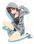  black_shirt blue_eyes blush breasts brown_hair cleavage collarbone full_body grey_sweater hair_between_eyes highres hood hooded_sweater looking_at_viewer medium_breasts new_game! open_mouth pink_x shinoda_hajime shirt short_hair short_shorts shorts solo sweater white_background 