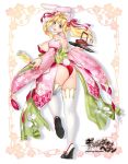  animal_ears ass bangs bare_shoulders blonde_hair blue_eyes bow breasts bunny_ears bunny_tail champagne_flute commentary cup drinking_glass eyebrows_visible_through_hair fake_animal_ears floral_print full_body gang_of_heaven hair_bow hair_ornament highres holding japanese_clothes large_breasts logo long_hair looking_at_viewer looking_back masami_chie official_art open_mouth panties red_panties sandals sideboob simple_background solo tail teapot tray twintails underwear wedge_heels white_background white_legwear wide_sleeves 