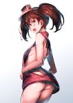  10s 1girl alternate_costume arched_back areolae ass backless_outfit bare_back breasts brown_eyes brown_hair butt_crack cowboy_shot dress fang from_side halterneck kantai_collection long_hair looking_at_viewer meme_attire naked_sweater nipple_slip nipples no_bra no_panties open-back_dress patreon_reward redcomet ryuujou_(kantai_collection) small_breasts solo sweater sweater_dress thighs turtleneck turtleneck_sweater twintails virgin_killer_sweater visor_cap 