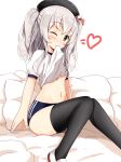 aikawa_ryou bad_anatomy bad_hands bed_sheet beret black_legwear blush buruma commentary_request gym_uniform hat heart highres kantai_collection kashima_(kantai_collection) long_hair mouth_hold short_sleeves silver_eyes silver_hair simple_background solo thighhighs two_side_up white_background younger 