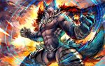  2018 abs anthro biceps blue_eyes bulge canine cheetahpaws clothed clothing fur hi_res male mammal muscular muscular_male pecs simple_background topless underwear wolf 