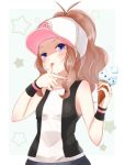  1girl antenna_hair bare_shoulders black_vest blue_background blue_eyes blush border breasts brown_hair female food hands_up hat holding ice_cream ice_cream_cone jpeg_artifacts licking looking_at_viewer poke_ball_theme pokemon pokemon_(game) pokemon_bw ponytail ririse shirt simple_background sleeveless sleeveless_shirt small_breasts solo standing tied_hair tongue tongue_out touko_(pokemon) vest white_border white_hat white_shirt wristband 