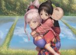  2girls babywearing bald blue_eyes breasts carrying child earrings fate/grand_order fate_(series) forest highres jewelry lake large_breasts miyamoto_musashi_(fate/grand_order) multiple_girls nature piggyback ponytail ranma_(kamenrideroz) rice_paddy tree water 