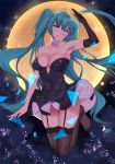  ahoge alternate_breast_size alternate_costume aqua_hair arm_at_side arm_up armpits ass_visible_through_thighs backlighting bangs bare_shoulders black_dress black_gloves blue_eyes blush breasts brown_legwear choker cleavage collarbone dress elbow_gloves eyebrows_visible_through_hair full_body full_moon garter_straps gloves hatsune_miku head_tilt highres jumping large_breasts lips long_hair mole mole_on_breast mole_under_mouth moon muko_(kokia38) no_shoes panties pantyshot parted_lips shiny shiny_skin single_elbow_glove single_glove smile solo strapless strapless_dress thigh_gap thighhighs twintails underwear very_long_hair vocaloid white_choker 