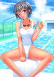  ;d absurdres black_hair blue_eyes blue_sky chain-link_fence cloud competition_swimsuit condensation_trail day fang fence goggles goggles_around_neck highres lane_line moe2018 one-piece_swimsuit one_eye_closed open_mouth original pool poolside pulled_by_self shed shirouzu_myuuta short_hair sitting sky smile solo spread_legs starting_block strap_pull swimsuit tan tanline wet white_swimsuit 