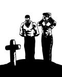  arm_behind_back bdsm billy_herrington gachimuchi grave greyscale hand_on_headwear hat looking_down male_focus mark_wolff monochrome multiple_boys muscle peaked_cap real_life road_again sad simple_background tank_top tombstone van_darkholme white_background 