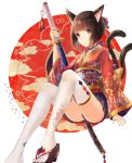  animal_ears bell brown_eyes brown_hair cat_ears cat_tail floral_print foot_out_of_frame geta hair_bell hair_ornament japanese_clothes jingle_bell katana kimono looking_at_viewer mole mole_under_eye multiple_tails original ramune. sheath sheathed short_hair sword tail thighs two_tails weapon white_legwear wide_sleeves 