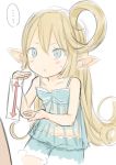  1girl bare_shoulders blonde_hair blue_eyes charlotta_fenia curly_hair directional_arrow eyes_visible_through_hair granblue_fantasy harvin long_hair looking_at_another out_of_frame pointy_ears see-through solo_focus spoken_ellipsis walkalone 