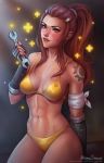  1girl aroma_sensei artist_name bikini breasts brigitte_(overwatch) brown_eyes brown_hair cleavage cowboy_shot fingerless_gloves freckles gloves grey_background highres holding_wrench lips logo long_hair looking_at_viewer medium_breasts navel overwatch parted_lips ponytail shoulder_tattoo sidelocks signature smile solo swimsuit tattoo teeth watermark web_address wrench yellow_bikini 