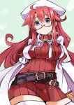  aty_(summon_night) belt beret blue_eyes boots breasts brooch cape commentary_request glasses hat highres jewelry large_breasts long_hair loose_belt red_hair red_sweater ribbed_sweater shirogane_(platinum) solo summon_night summon_night_3 sweater thigh_boots thighhighs turtleneck white_footwear 