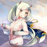  anshan_(azur_lane) azur_lane cathayan commentary_request fingerless_gloves gloves green_eyes green_hair horns long_hair naked_shirt shirt solo 