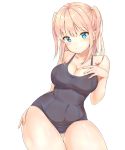  arm_at_side ass_visible_through_thighs aymusk bangs bare_arms bare_legs bare_shoulders black_swimsuit blonde_hair blue_eyes blush breasts cleavage closed_mouth collarbone commentary_request covered_navel cowboy_shot eyebrows_visible_through_hair fingernails hand_on_own_chest hand_on_own_thigh hand_up highres large_breasts long_fingernails long_hair looking_at_viewer old_school_swimsuit one-piece_swimsuit original school_swimsuit school_uniform shiny shiny_skin smile solo swimsuit thigh_gap transparent_background twintails 