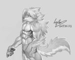  2017 abs anthro biceps canine clothed clothing fur hair hi_res male mammal monochrome muscular muscular_male pecs simple_background topless wolf wolfmalro 