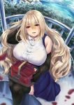  black_gloves black_legwear blonde_hair blue_skirt blurry breasts character_request commentary_request depth_of_field elbow_gloves feet_out_of_frame from_above gloves ikinokore!_shachiku-chan kuchibue_(tanima_club) large_breasts long_hair looking_at_viewer obese open_mouth outdoors petals picnic_basket pleated_skirt purple_eyes shirt sitting skirt sleeveless solo takanashi_hiyori_(ikinokore!_shachiku-chan) thighhighs white_shirt zettai_ryouiki 