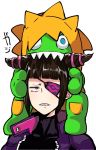  1girl annoyed biting blanka blanka-chan blue_eyes bodysuit brown_hair drill_hair eye_(mememem) eyepatch googly_eyes green_skin han_juri jacket on_head open_clothes open_jacket orange_hair purple_eyes sharp_teeth street_fighter street_fighter_v stuffed_toy teeth twin_drills unamused upper_body 