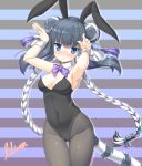  animal_ears bangs black_hair black_leotard blue_eyes blunt_bangs bow bowtie bunny_ears bunny_girl bunny_tail bunnysuit cowboy_shot detached_collar double_bun haku_(p&amp;d) highres leotard lilium0235 multicolored_hair pantyhose pose purple_neckwear puzzle_&amp;_dragons solo strapless strapless_leotard striped striped_background tail tiger_ears tiger_tail two-tone_hair white_hair wrist_cuffs 