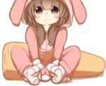  1girl :3 animal_ears blush brown_hair bunny_costume bunny_ears bunny_tail carrot claws eyebrows_visible_through_hair fake_animal_ears fake_tail female gloves highres hood long_sleeves looking_at_viewer original paw_gloves paw_shoes purple_eyes sitting smile solo spread_legs tail usichan 
