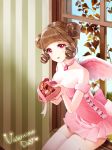  bare_shoulders box box_of_chocolates breasts brown_hair choker cleavage curly_hair double_bun dress heart-shaped_box hinare_(hinare777) looking_at_viewer medium_breasts original pink_dress pink_eyes pink_neckwear pink_ribbon pink_wings ribbon short_hair sitting smile solo strapless strapless_dress thighhighs valentine white_legwear window wings zettai_ryouiki 
