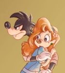 2015 angry anthro black_hair black_nose brown_nose buckteeth canine clothed clothing disney dog duo ear_piercing female flower goof_troop hair kurokuma824 male mammal max_goof piercing plant protecting red_hair roxanne_(goof_troop) scared simple_background tan_background teeth white_gloves 