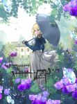  blue_eyes brown_gloves day dress fence flower gate gloves grey_umbrella house looking_at_viewer looking_back outdoors over_shoulder scenery solo standing umbrella violet_evergarden violet_evergarden_(character) water_drop white_dress wuming_yaoguai 