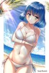  ass_visible_through_thighs bangs bare_arms bare_shoulders beach bikini blue_hair blue_sky blunt_bangs blush breasts brown_eyes cleavage closed_mouth cloud collarbone day dutch_angle embarrassed eyebrows_visible_through_hair fal front-tie_bikini front-tie_top frown groin hand_on_own_arm horizon light_rays medium_breasts ocean outside_border palm_tree raised_eyebrows ribbon seaside_muramoto shadow shiny shiny_hair shore short_hair side-tie_bikini sky solo sunbeam sunlight swimsuit tag_force thigh_gap tree white_bikini white_ribbon 