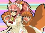  animal_ear_fluff animal_ears apron bell bell_collar blush breasts cat_hair_ornament cat_paws cleavage collar commentary_request fang_out fangs fate/grand_order fate_(series) fox_ears fox_tail gloves hair_ornament jingle_bell large_breasts long_hair looking_at_viewer maid_headdress matsudora124 multicolored multicolored_background naked_apron paw_gloves paw_shoes paws pink_hair ponytail shoes solo tail tamamo_(fate)_(all) tamamo_cat_(fate) 