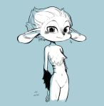  2018 ambiguous_gender anthro blue_background blush fur greyscale hair looking_at_viewer mammal monochrome mune:_the_guardian_of_the_moon mune_(the_guardian_of_the_moon) navel olddelhi54 simple_background solo standing unknown_species 