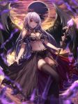  belt black_bra black_legwear black_shorts black_wings bra breasts cleavage cloud diamond eclipse full_moon highres long_hair medium_breasts midriff moon navel original pointy_ears red_eyes short_shorts shorts silver_hair sky smile solo staff sun thighhighs underwear waist_cape weapon wings yohaku 