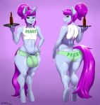  2018 absurd_res alcohol anthro beverage bulge clothed clothing digital_media_(artwork) equine fan_character girly green_eyes hair hi_res holding_object horn male mammal my_little_pony penis penis_base plankboy purple_hair smile solo unicorn 