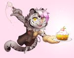  anthro apron chibi clothed clothing cupcake feline food fur hair looking_at_viewer male mammal open_mouth smile solo tiger tilionmaia 