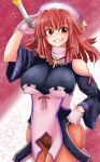  breasts commentary_request cross gloves harimao_(hanzou_uji) hat highres la_pucelle large_breasts mole mole_under_eye pantyhose pink_hair prier red_eyes red_hair short_hair smile solo thighs 
