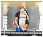  anthro balls bathroom canine erection humanoid_penis hybrid knot looking_at_viewer male mammal nipples open_jacket penis selfie smile solo standing tilionmaia unzipped vein veiny_penis 