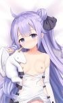  ahoge azur_lane bangs bare_shoulders bed_sheet black_bow black_ribbon blush bow breasts closed_mouth collarbone commentary_request criss-cross_halter dakimakura detached_sleeves dress dress_lift dress_pull eyebrows_visible_through_hair fingernails hair_bun hair_ribbon halterneck heijialan long_hair long_sleeves lying medium_breasts nipples on_back one_side_up purple_eyes purple_hair ribbon side_bun sidelocks sleeves_past_wrists smile solo stuffed_alicorn stuffed_animal stuffed_toy unicorn_(azur_lane) very_long_hair white_dress 